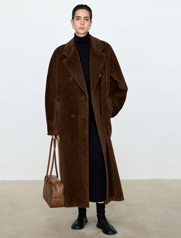 100% Alpaca Double-Breasted Wool Long Coat