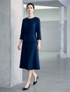Sculpted Navy Texture Fringe Trim Midi Dress