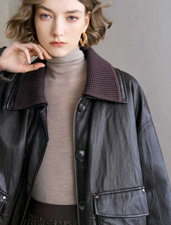 Faux Leather Knit Collar Down Jacket