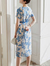 Elegant Floral Silk Dress with Cinched Waist