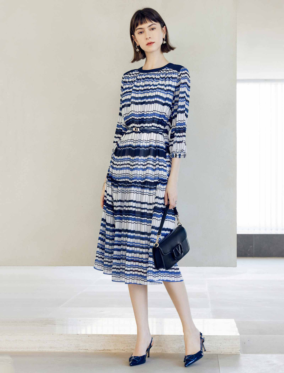 Blue Geometric Stripe 3/4 Sleeve Midi Dress