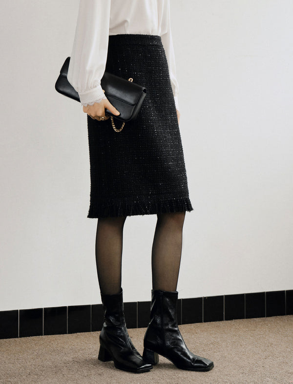 Wool Blend Tweed Midi Pencil Skirt