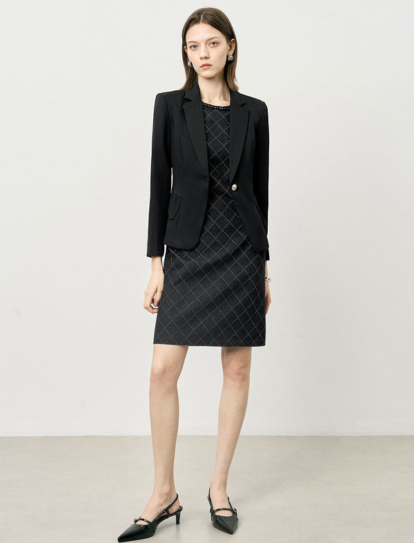 Black Diamond-Print Sheath Trimmed Neckline Dress