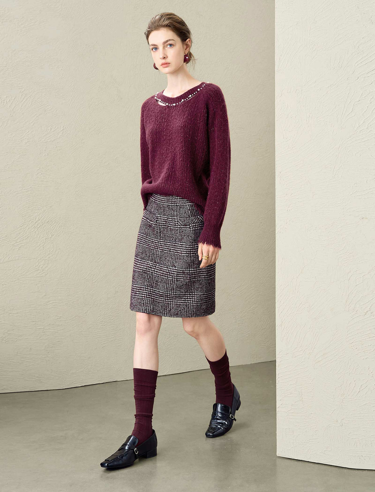 Burgundy Wool-Blend Cutout Neck Sweater