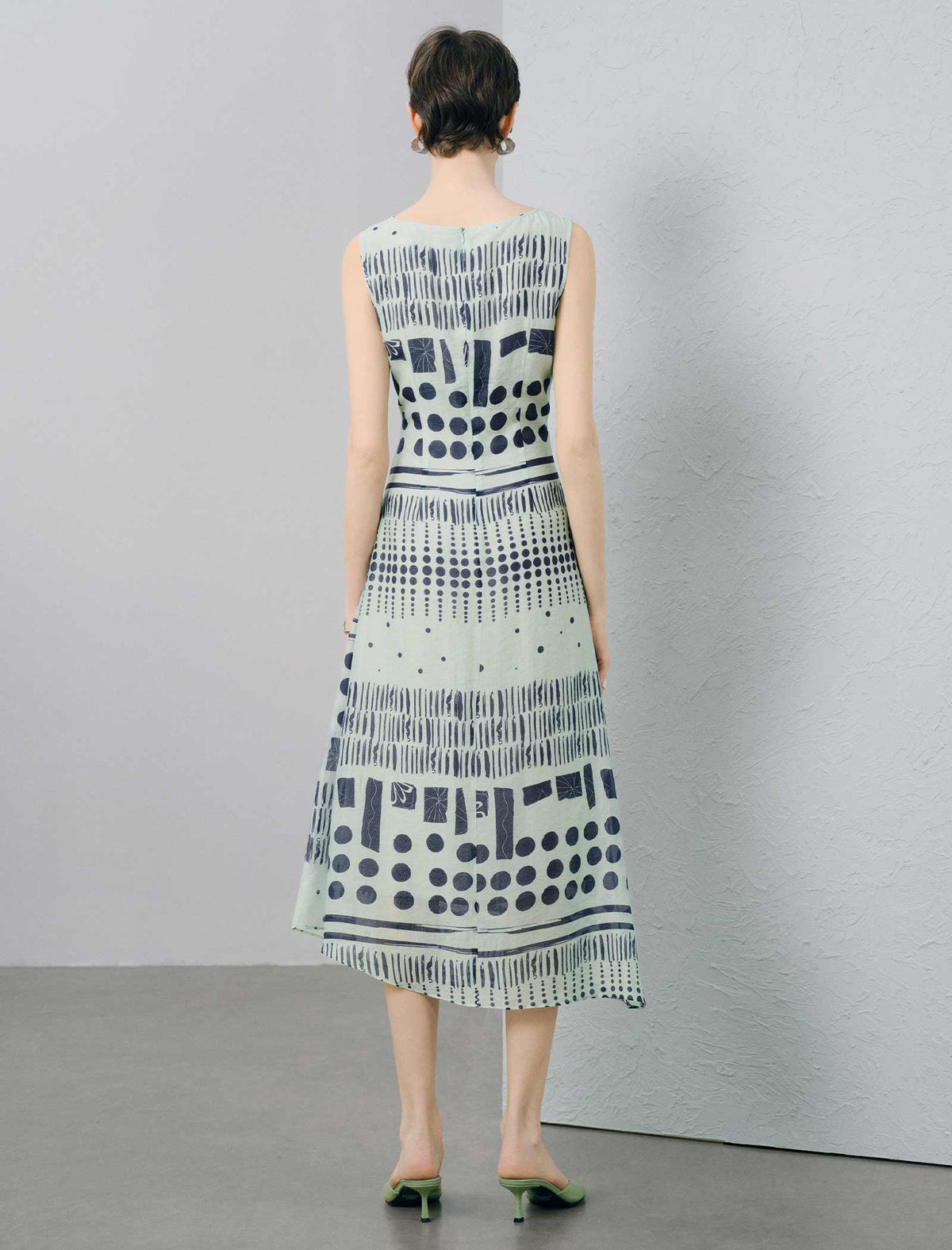 Light Green Geometric Print Tencel Lyocell Sleeveless Midi Dress