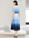 Blue Gradient Print Belted Midi Dress