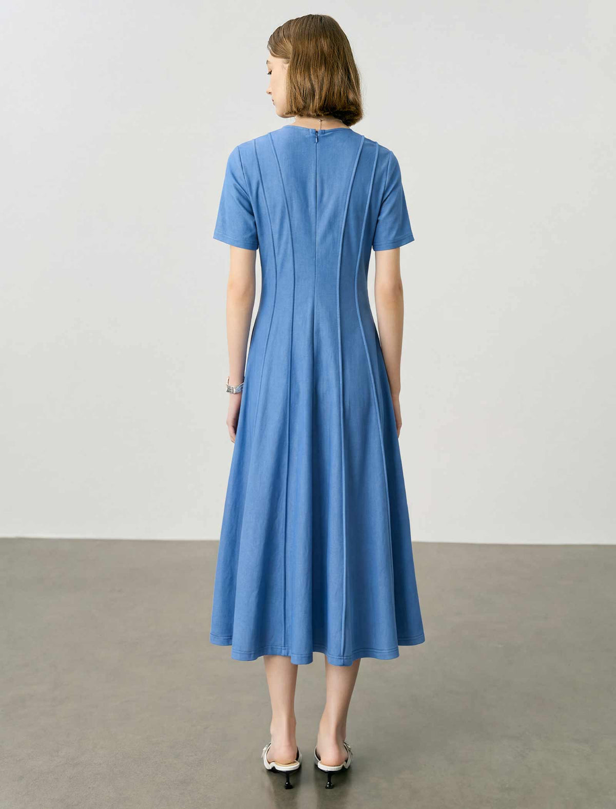 Blue V-Neck Seamed Fit-and-Flare Tencel Midi Dress