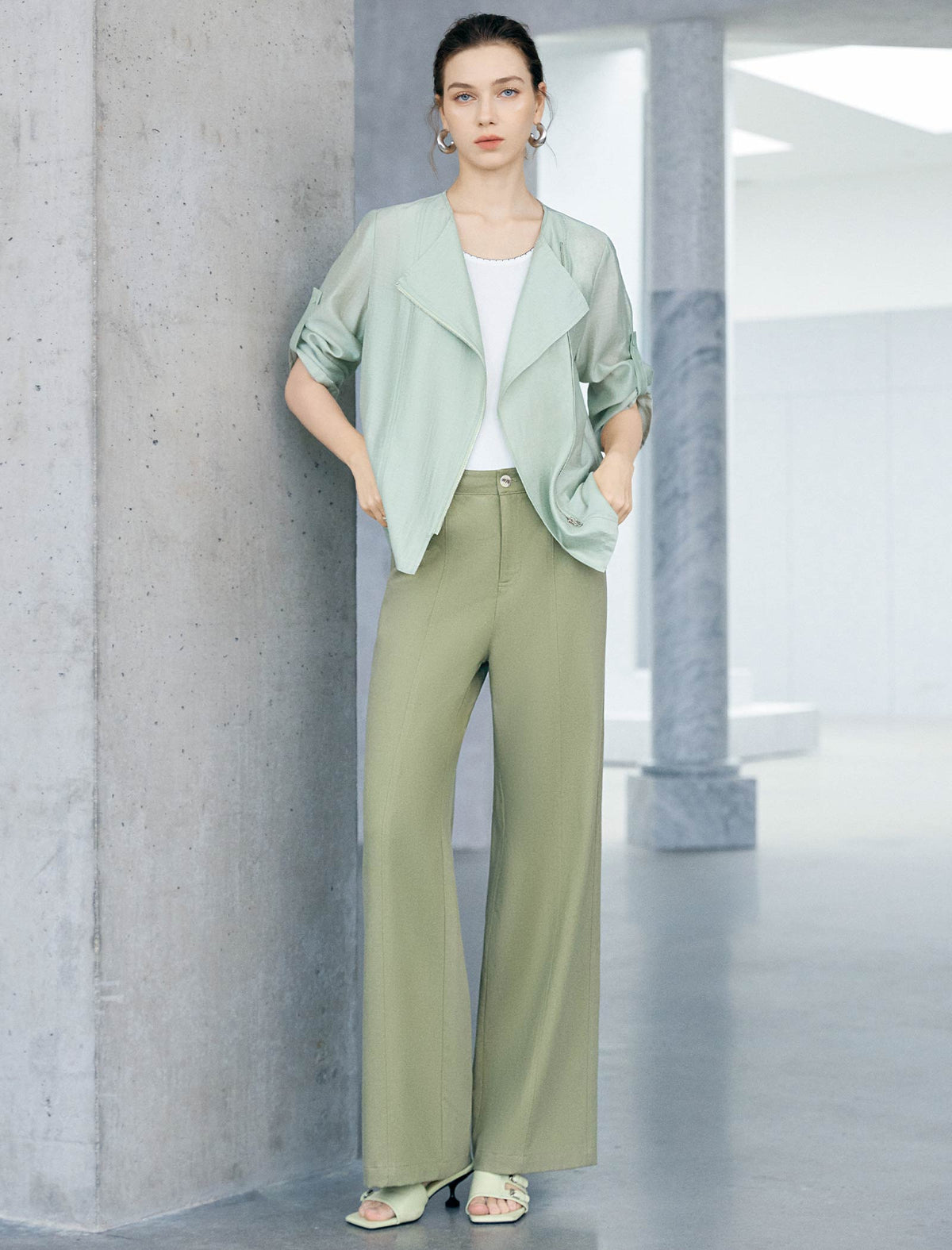 Light Sage Roll Tab Sleeve Open Front Moto Jacket
