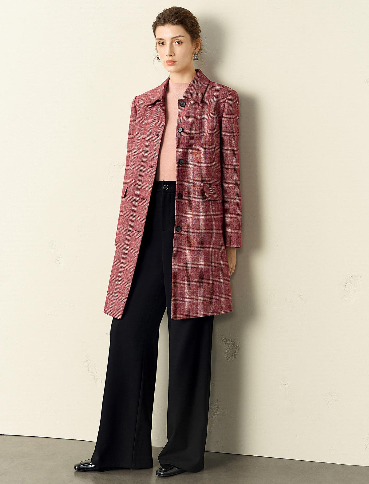 Red Plaid Straight Cut Midi Coat
