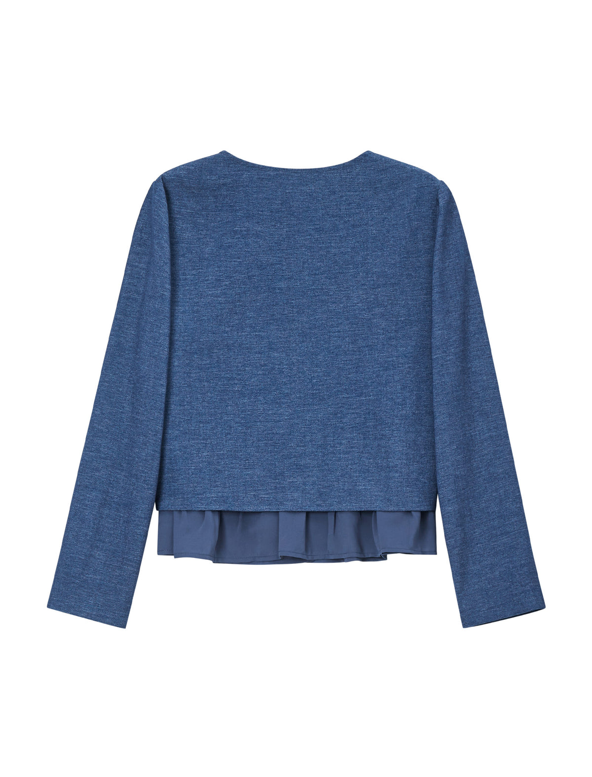 Button Front Denim Look Ruffle Hem Blouse