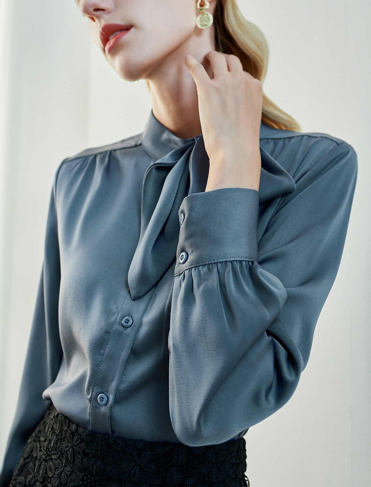 Dusty Blue Satin Tie-Neck Blouse