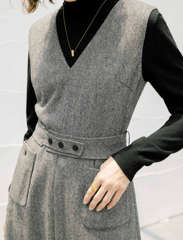 Wool V-Neck Belted Sleeveless Midi Dress