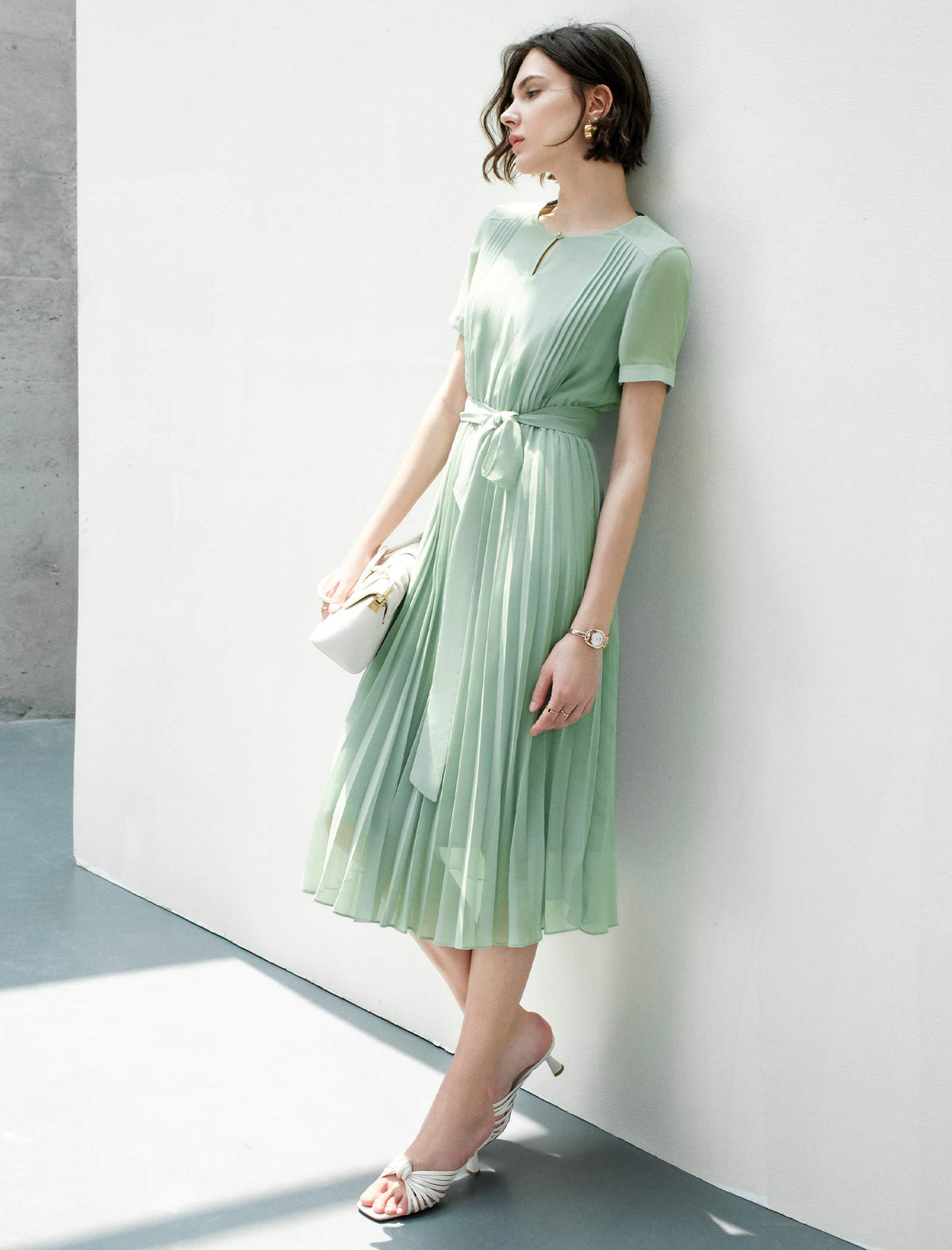 Waist-Cinched A-Line Pleated Short Sleeve Dress