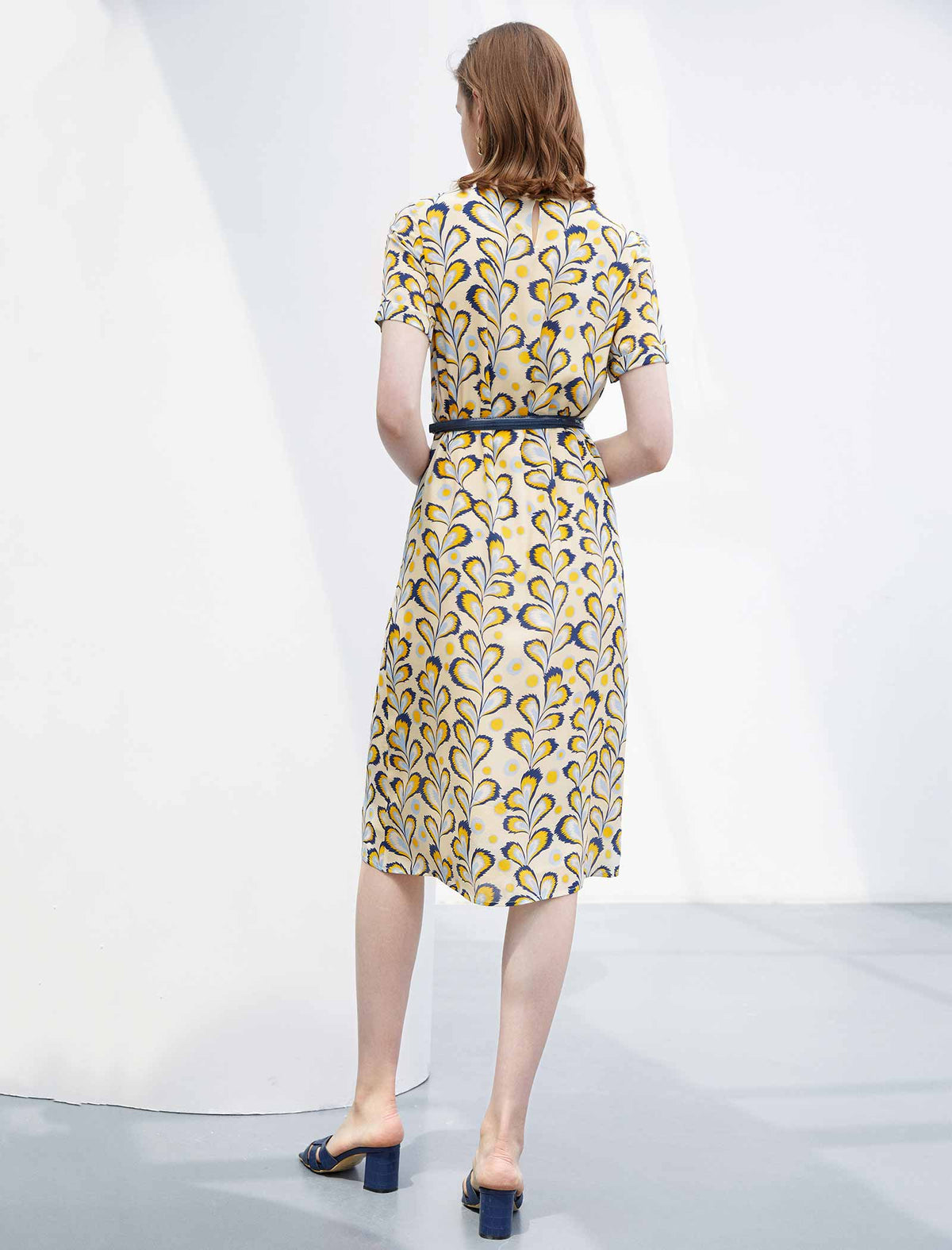 Floral Silk Waist-Cinched Dress