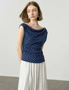 Navy Blue Polka Dot Cowl Neck Knit Top
