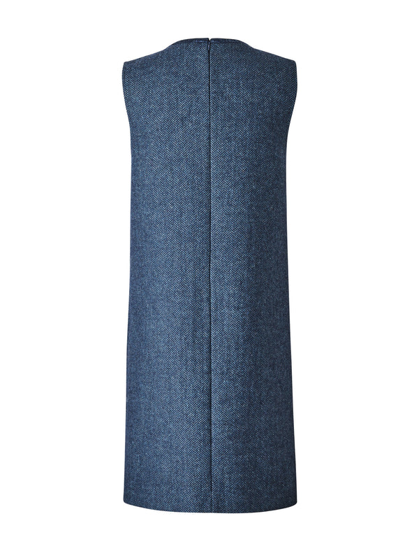 Wool Floral Detail Herringbone Sleeveless Shift Dress