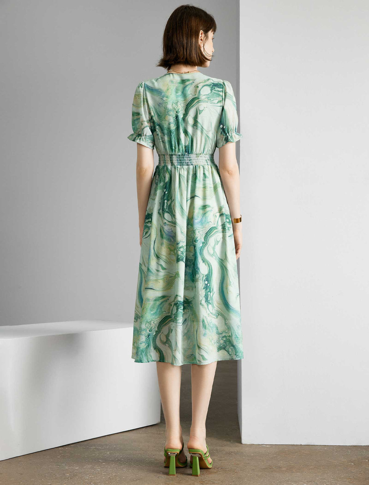 Teal Marble Print V-Neck Midi Dress
