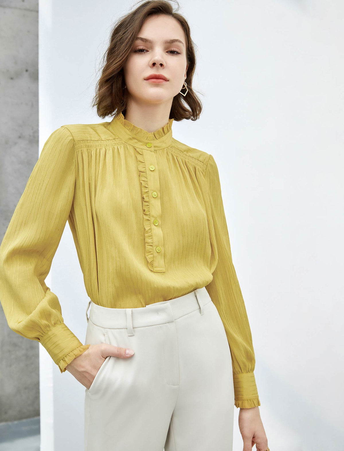 Mustard Ruffled Mock-Neck Blouse