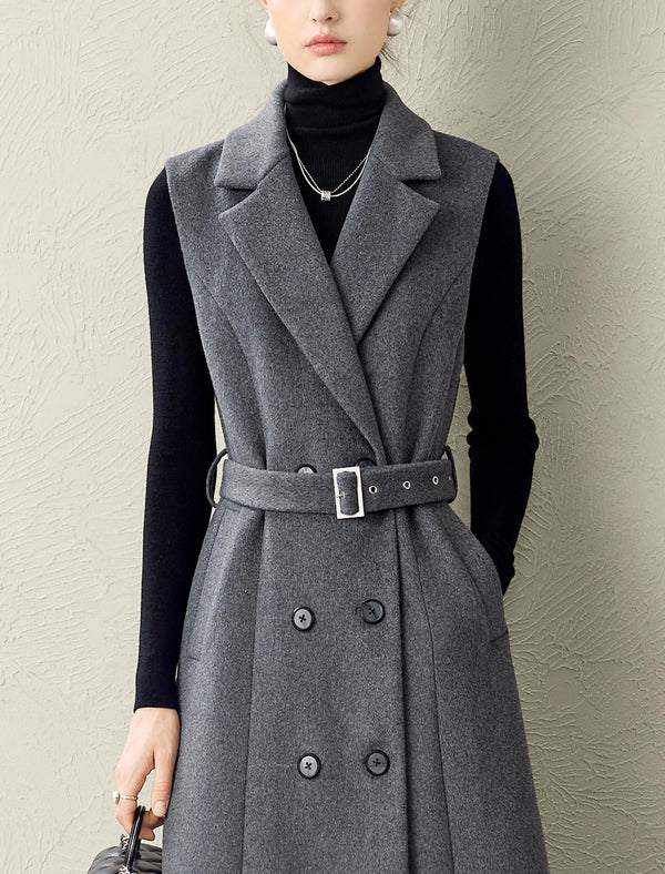 Wool Blend Tailored Sleeveless Midi Dress with Belt