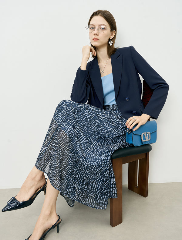 Blue Checkered Chiffon Midi Skirt