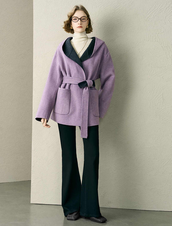 Lilac Wool-Blend Self-Tie Hooded Coat