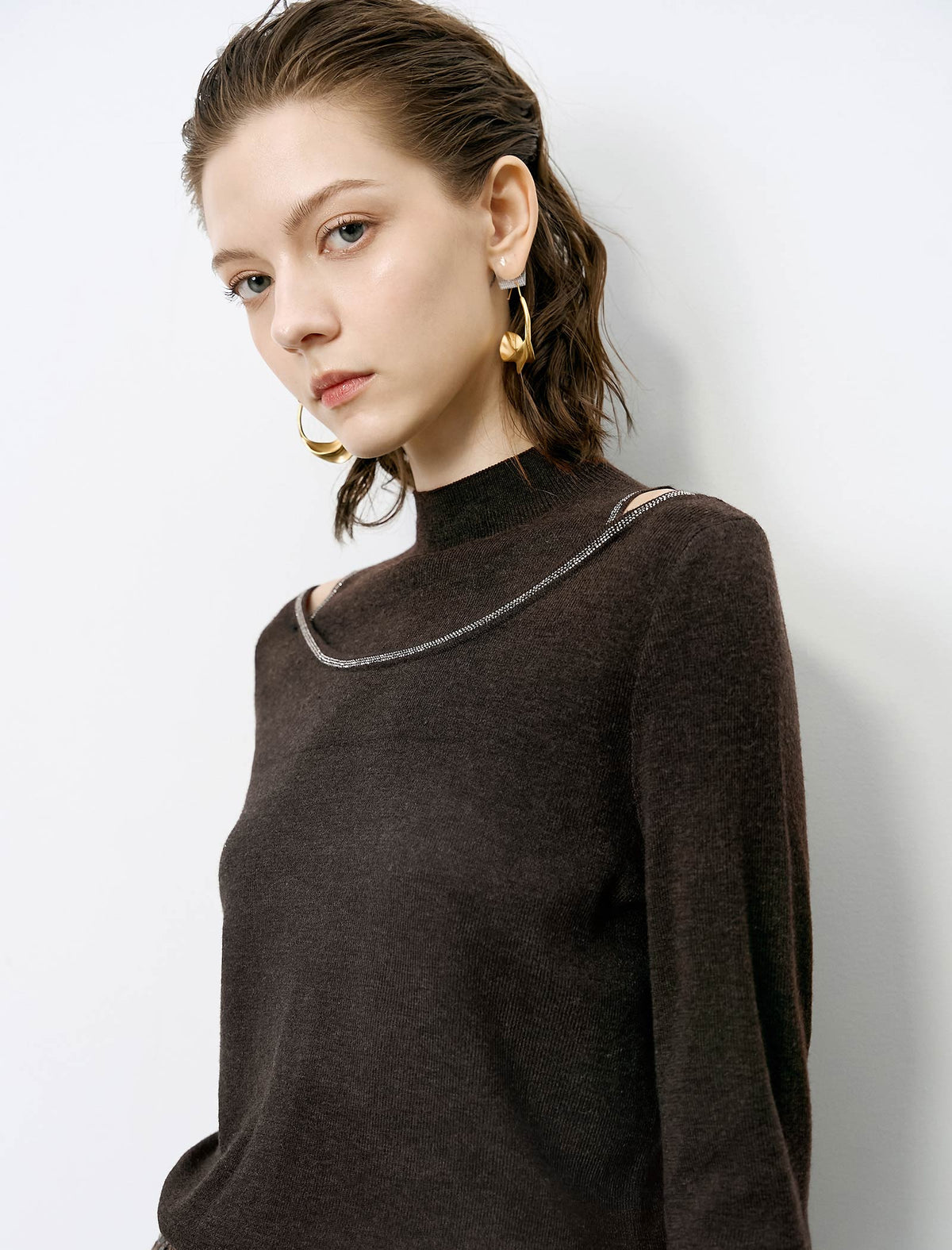 Slim Fit Cutout High Neck Long-Sleeve Knit Top