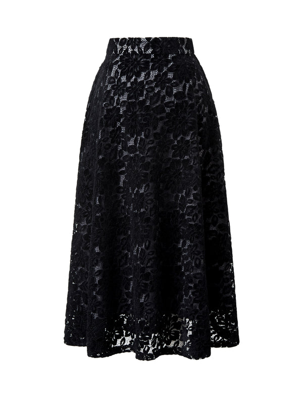 Black Floral Lace Midi Skirt