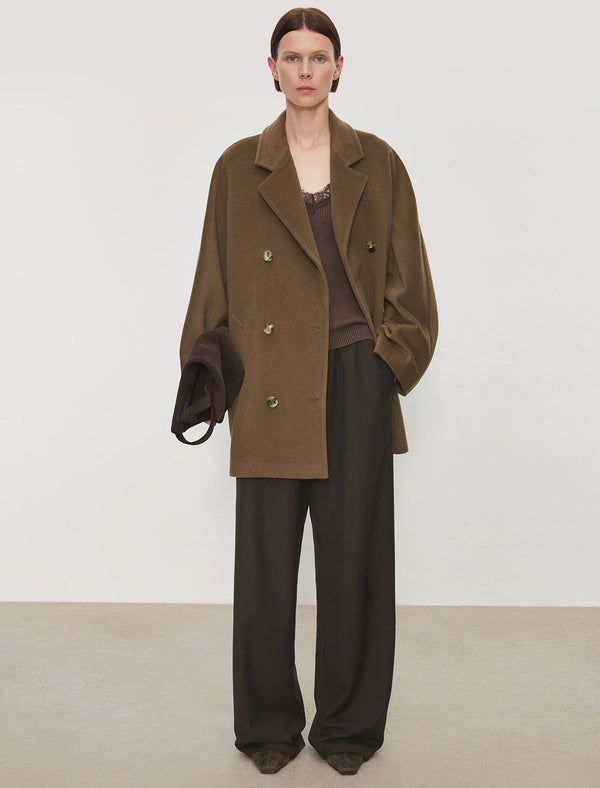 Wool-Cashmere Silk Lining Double-Breasted Coat