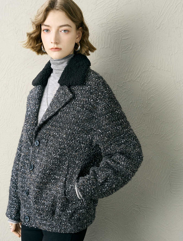 Tweed Wool-Blend Fleece Collar Jacket