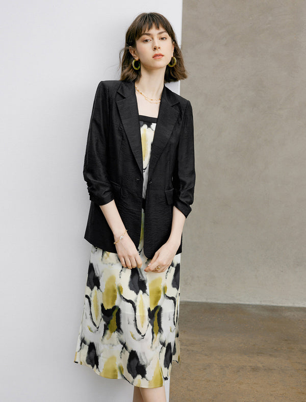 Tencel Ruched Sleeves Textured Tailored Blazer