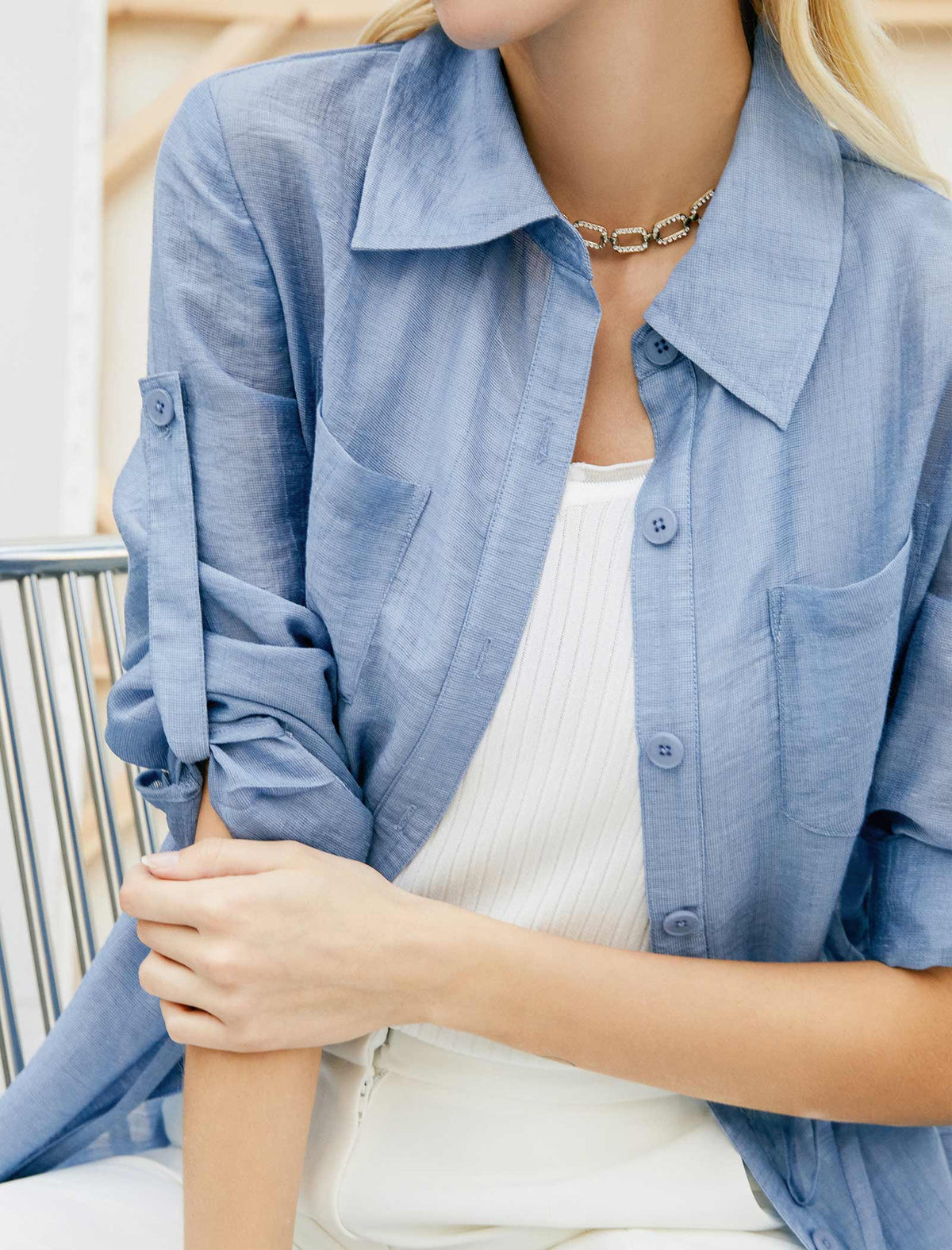 Tencel Light Blue Drawstring Shirt