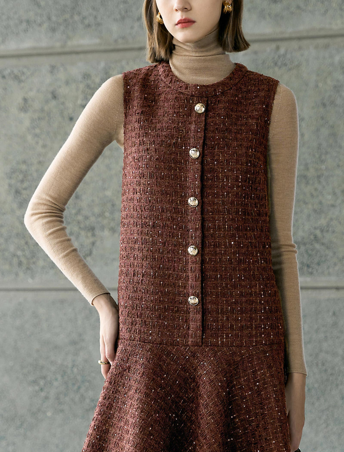 Brown Vintage Round Neck Sleeveless Dress