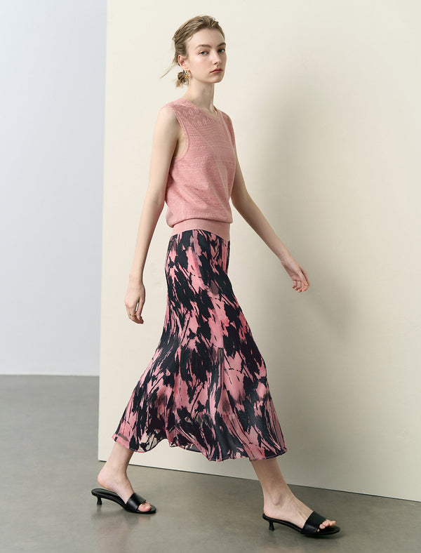 Abstract Brushstroke Print Fishtail Midi Skirt