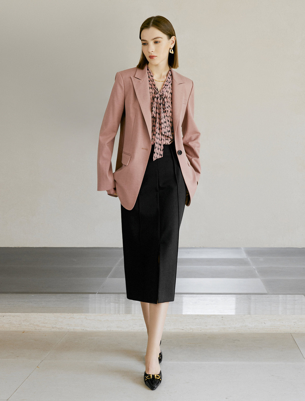 Black Front Slit Tailored Midi Pencil Skirt