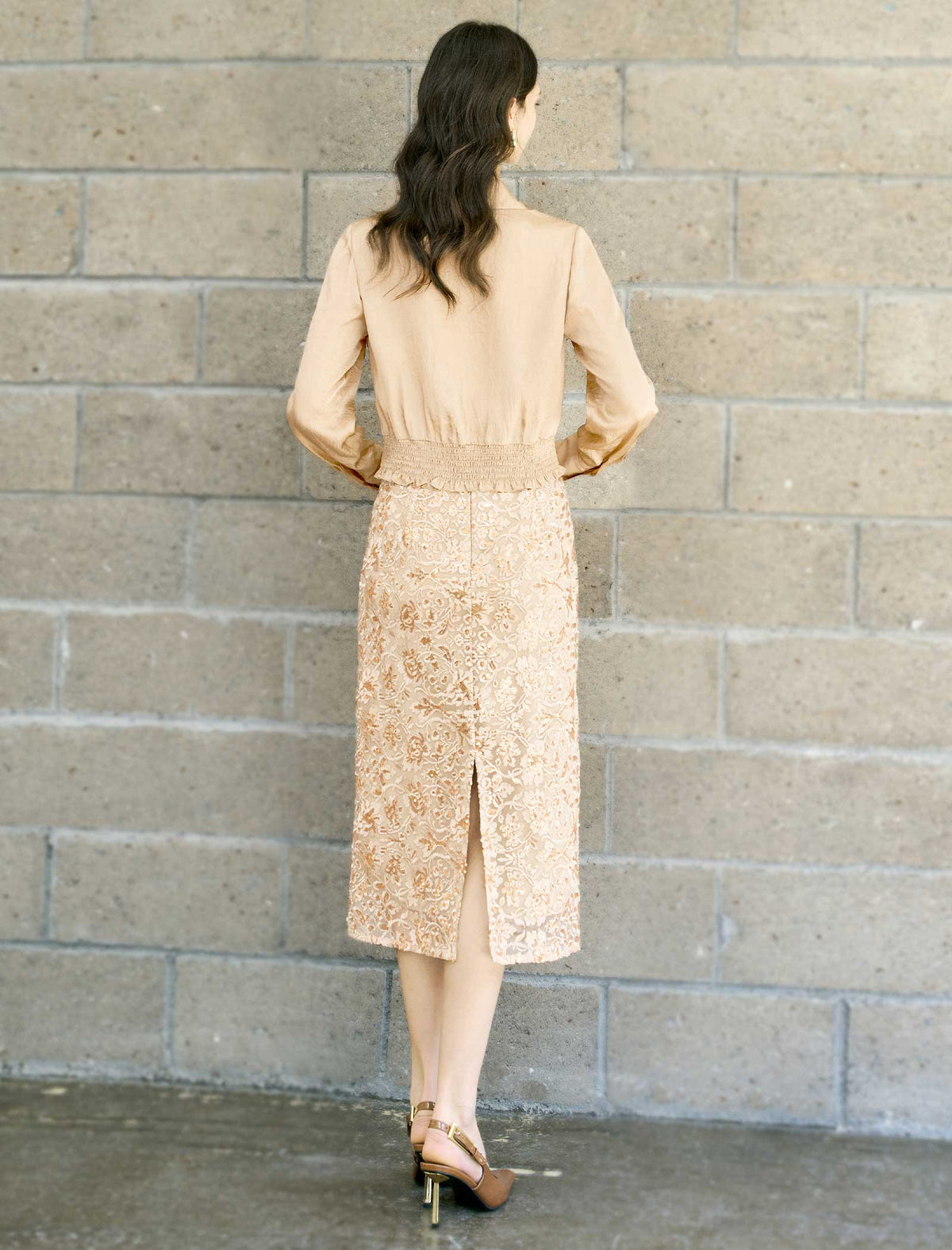 Floral Sequin Lace High-Waist Back-Slit Midi Skirt