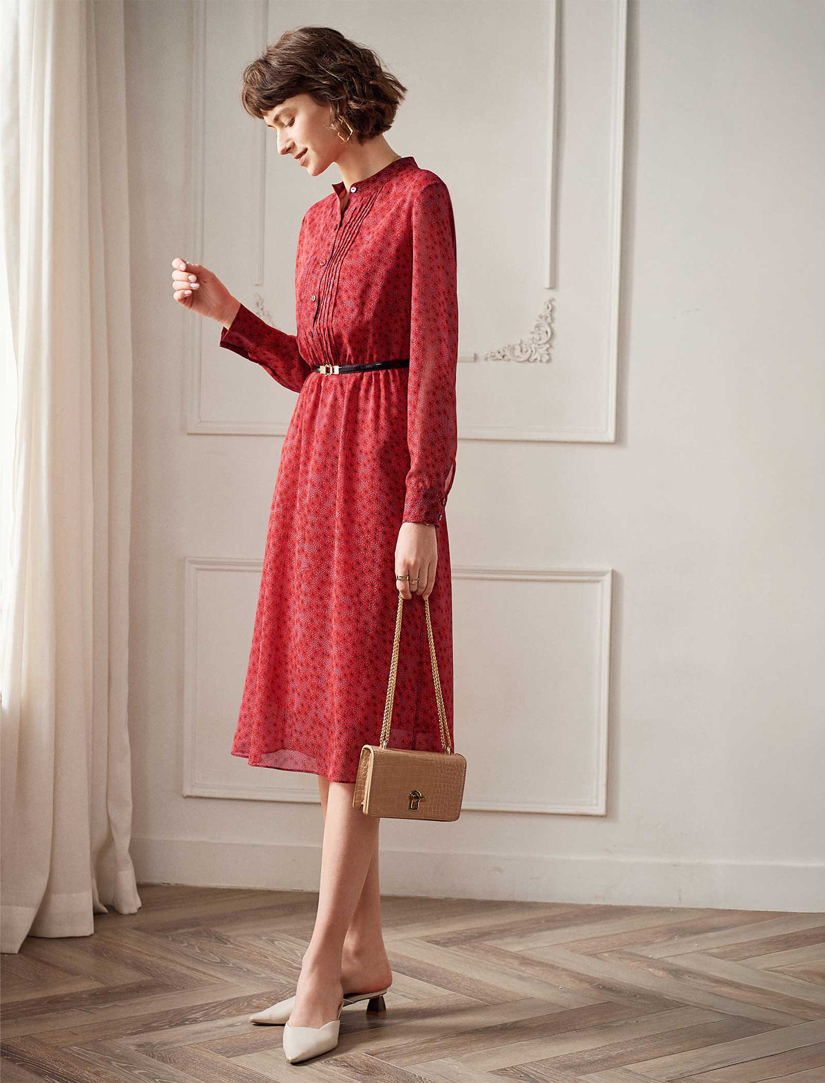 Red Ditsy Print Long Sleeve Midi Dress