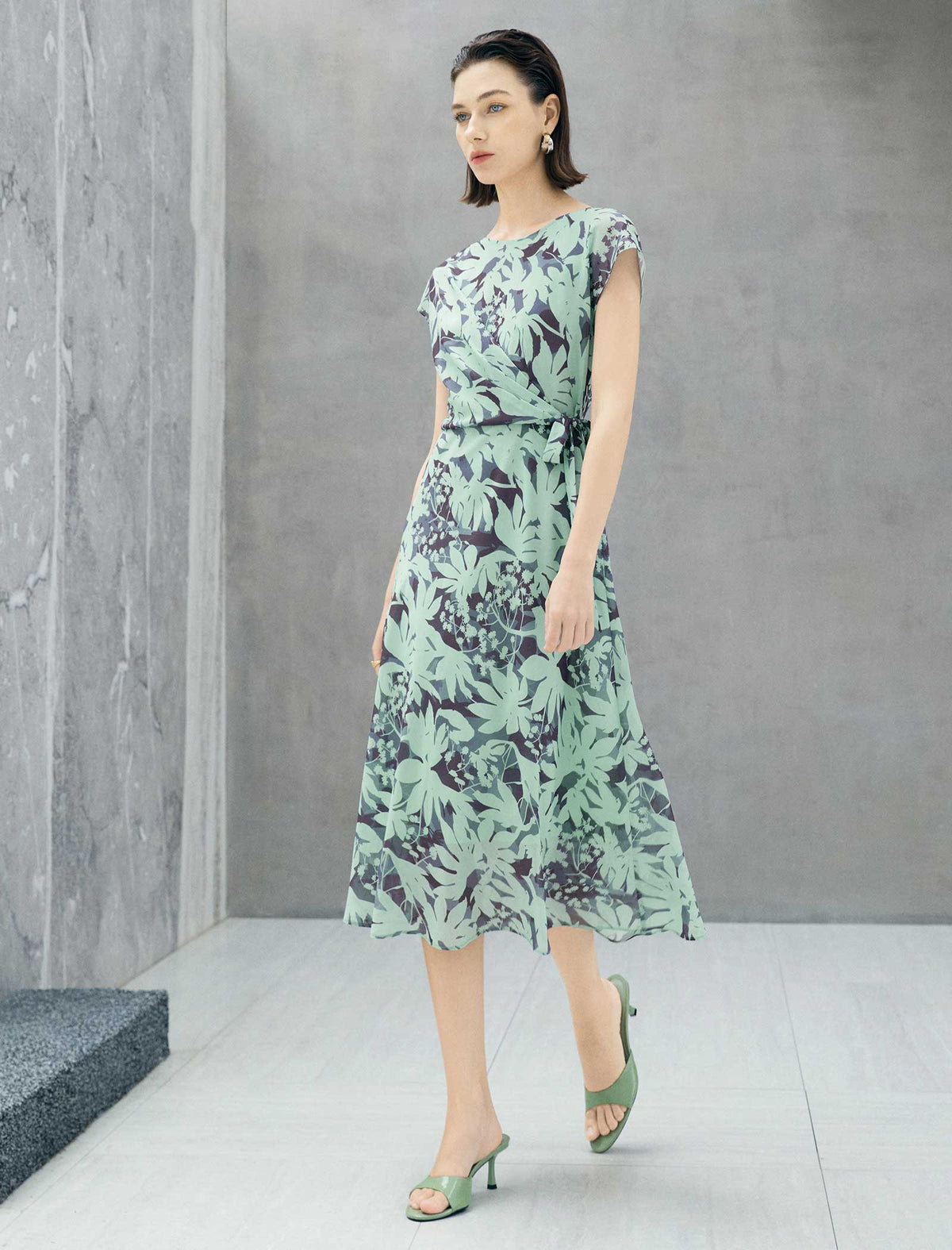 Mint Green Leaf Print Tie Waist Midi Dress
