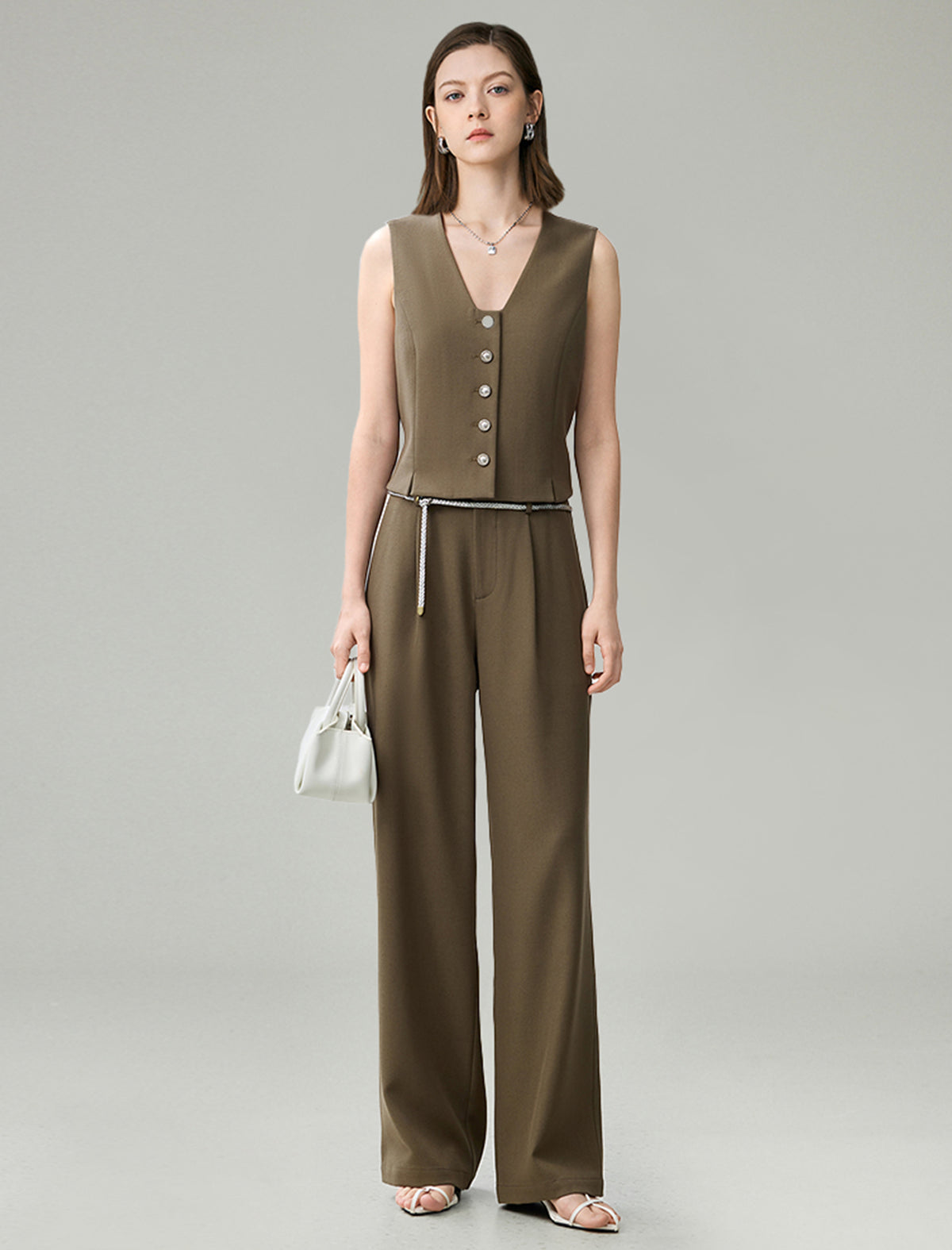 Linen Blend Wide-Leg Tailored Pants