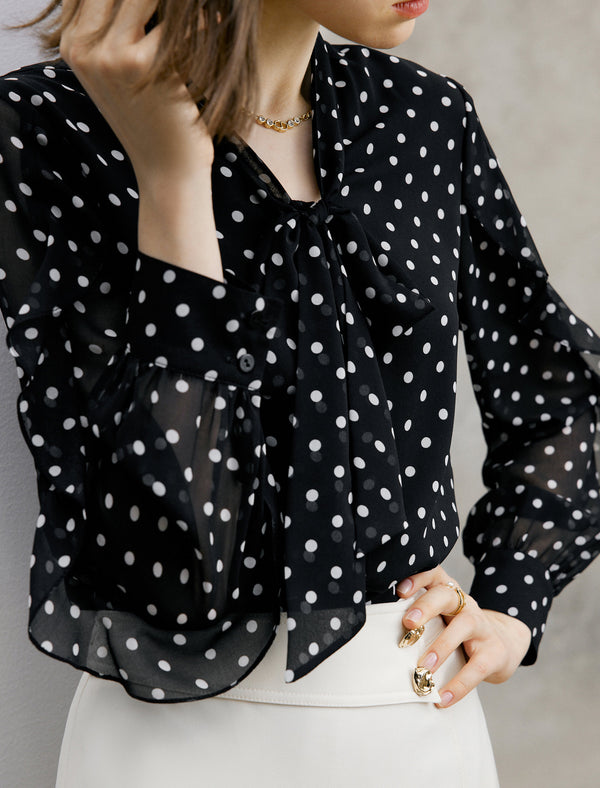 Polka Dots Bow Tie Ruffle Sleeve Blouse