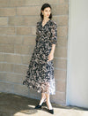 Black And Beige Floral Print Midi Dress
