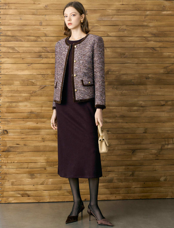 Tweed Wool-Blend Velvet Trim Down Jacket