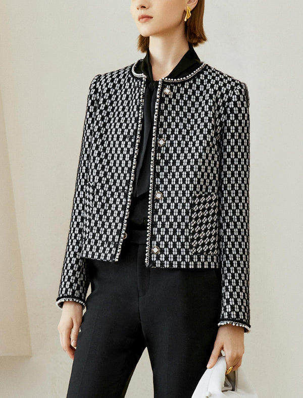 Checkered Round Neck Short Wool Coat