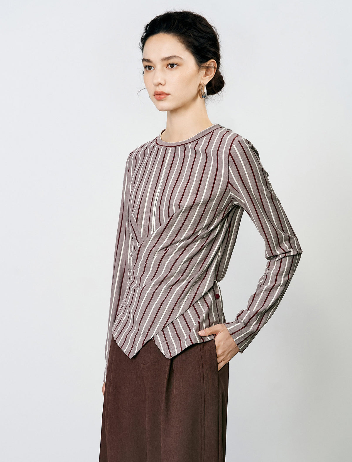 Stripe Long-Sleeve Asymmetric Wrap Top