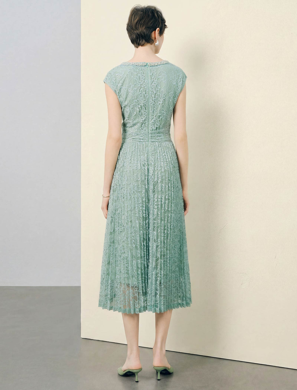 Mint Green Lace Pleated Beaded Neckline Midi Dress