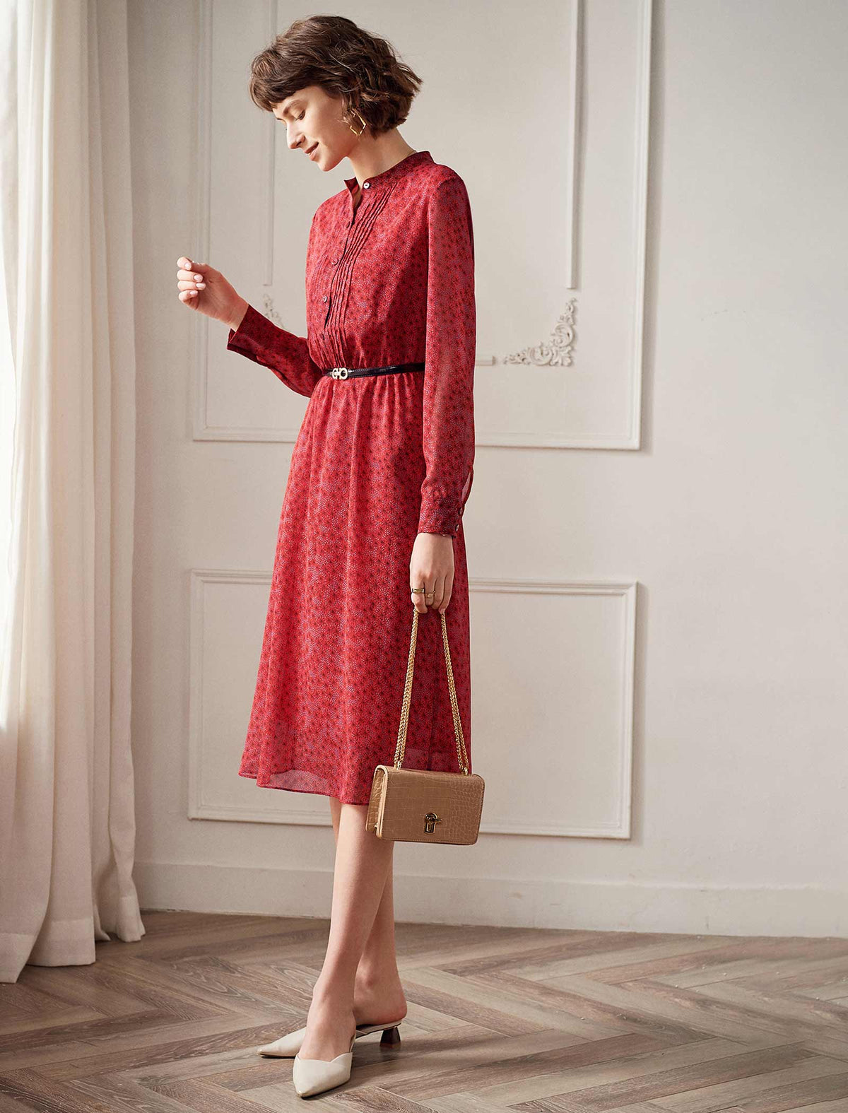 Red Ditsy Print Long Sleeve Midi Dress
