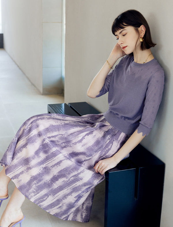 Wavy Texture Scalloped Cuffs Knitted Pullover