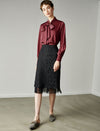 Satin Bow‑Tie Stand‑Collar Long‑Sleeve Blouse
