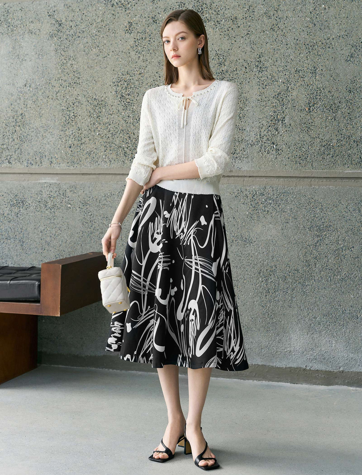 Tencel Eyelet Knit Tie-Neck Sweater