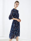 Navy Blue Floral Ruffled Neck Midi Dress