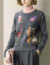 Gray Embroidered Vintage Wool Knit Sweater